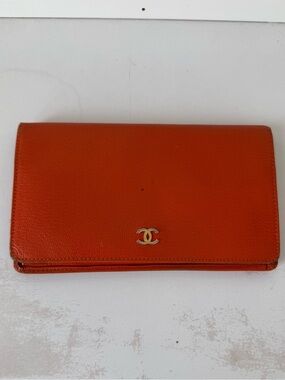 CHANEL Orange Leather Long Bifold CC Wallet with Gold Logo